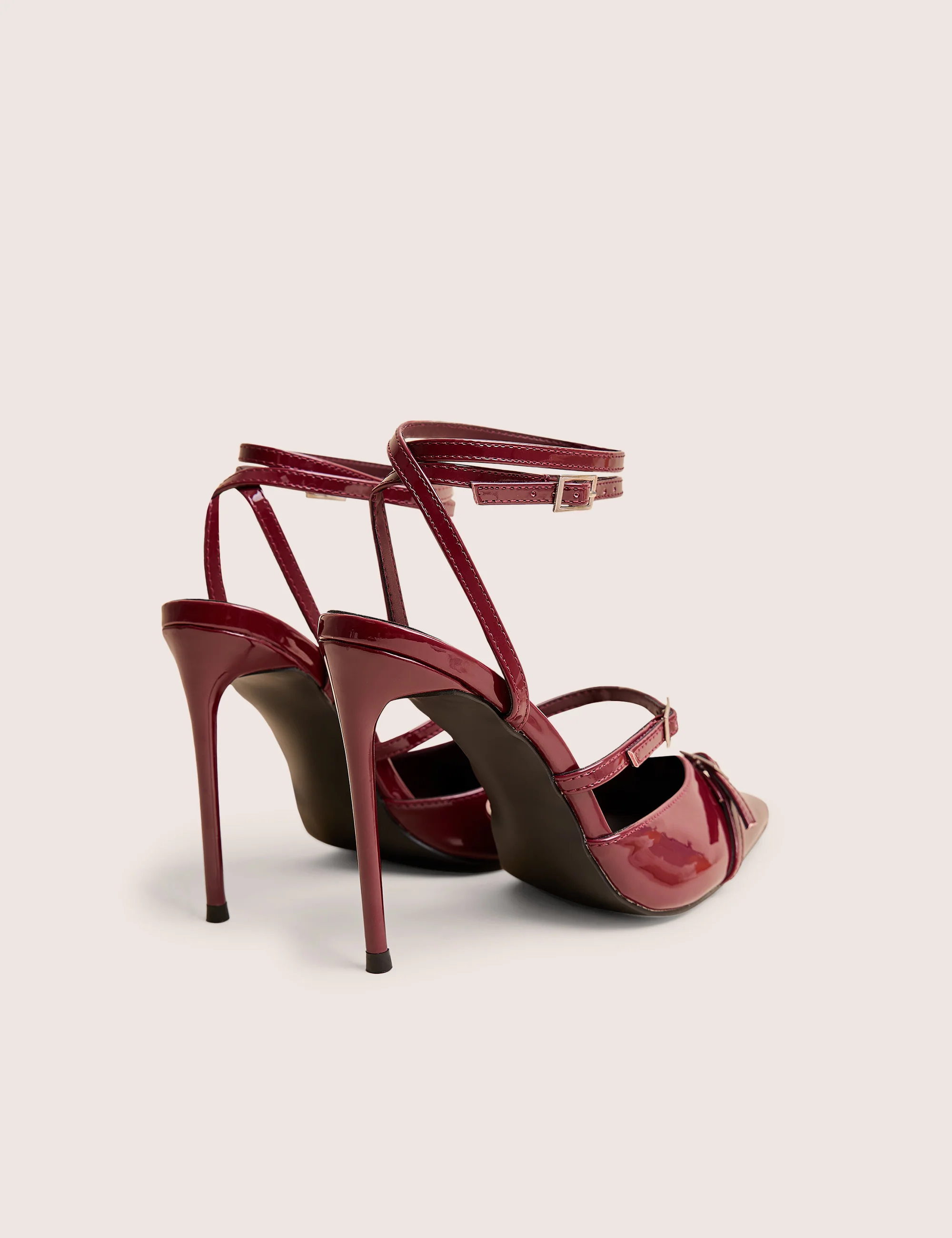 Viper Burgundy Three Strap Buckle Detail Court Heels - Image 3