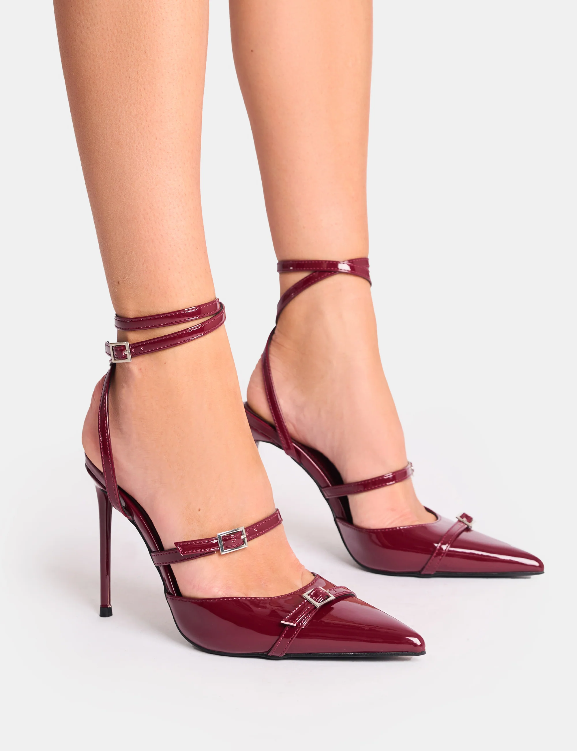 Viper Burgundy Three Strap Buckle Detail Court Heels - Image 5