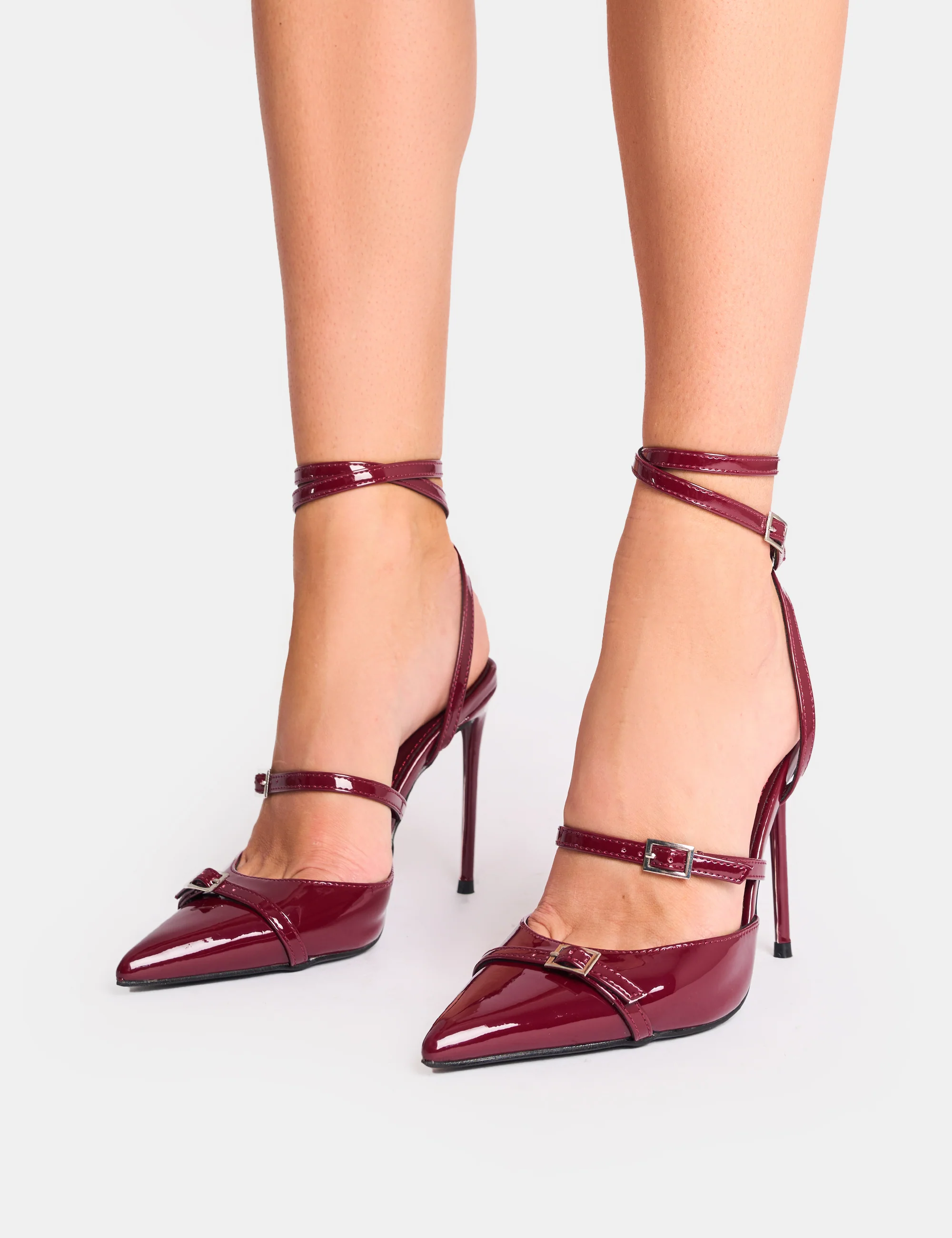 Viper Burgundy Three Strap Buckle Detail Court Heels - Image 8