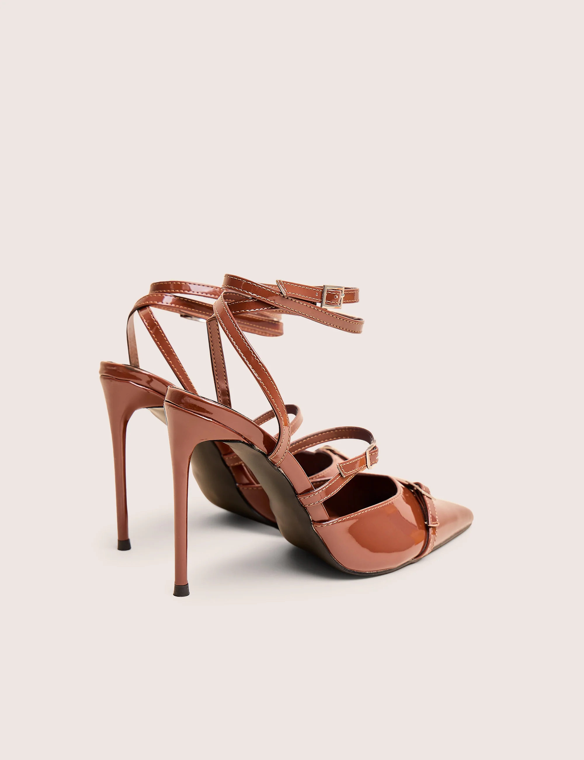 Viper Chocolate Three Strap Buckle Detail Court Heels - Image 3