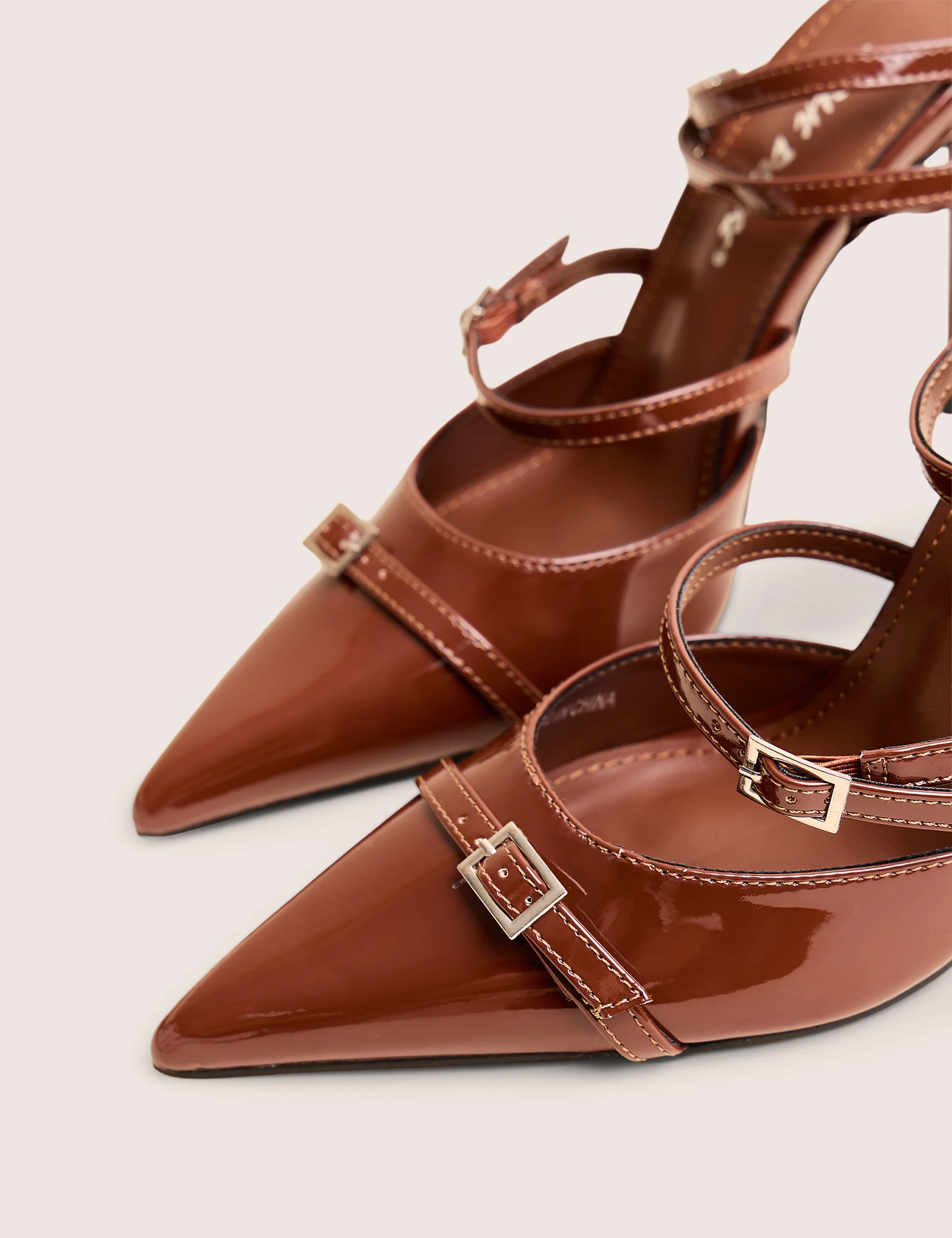 Viper Chocolate Three Strap Buckle Detail Court Heels - Image 4