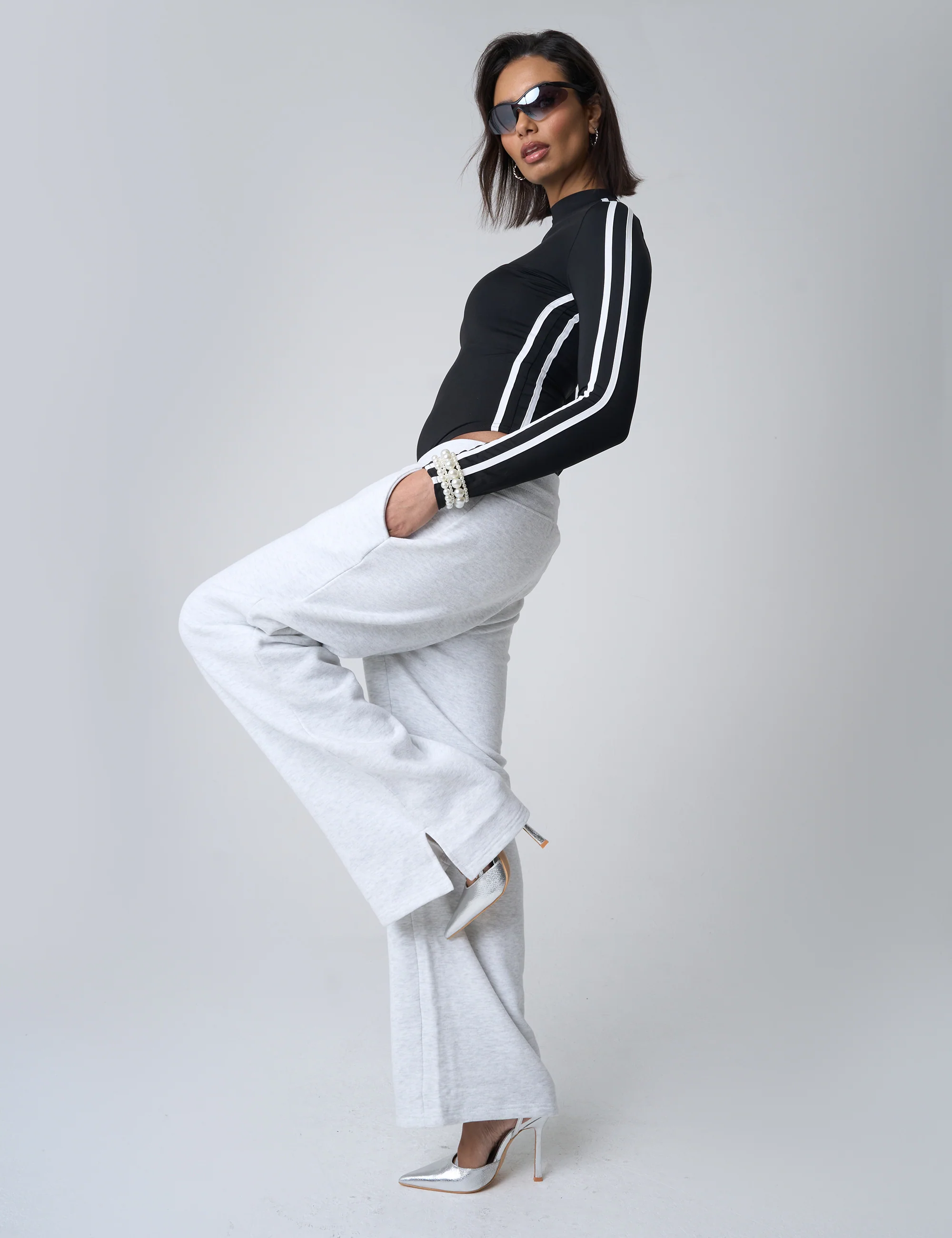 Split Hem Wide Leg Joggers Grey Marl - Image 2