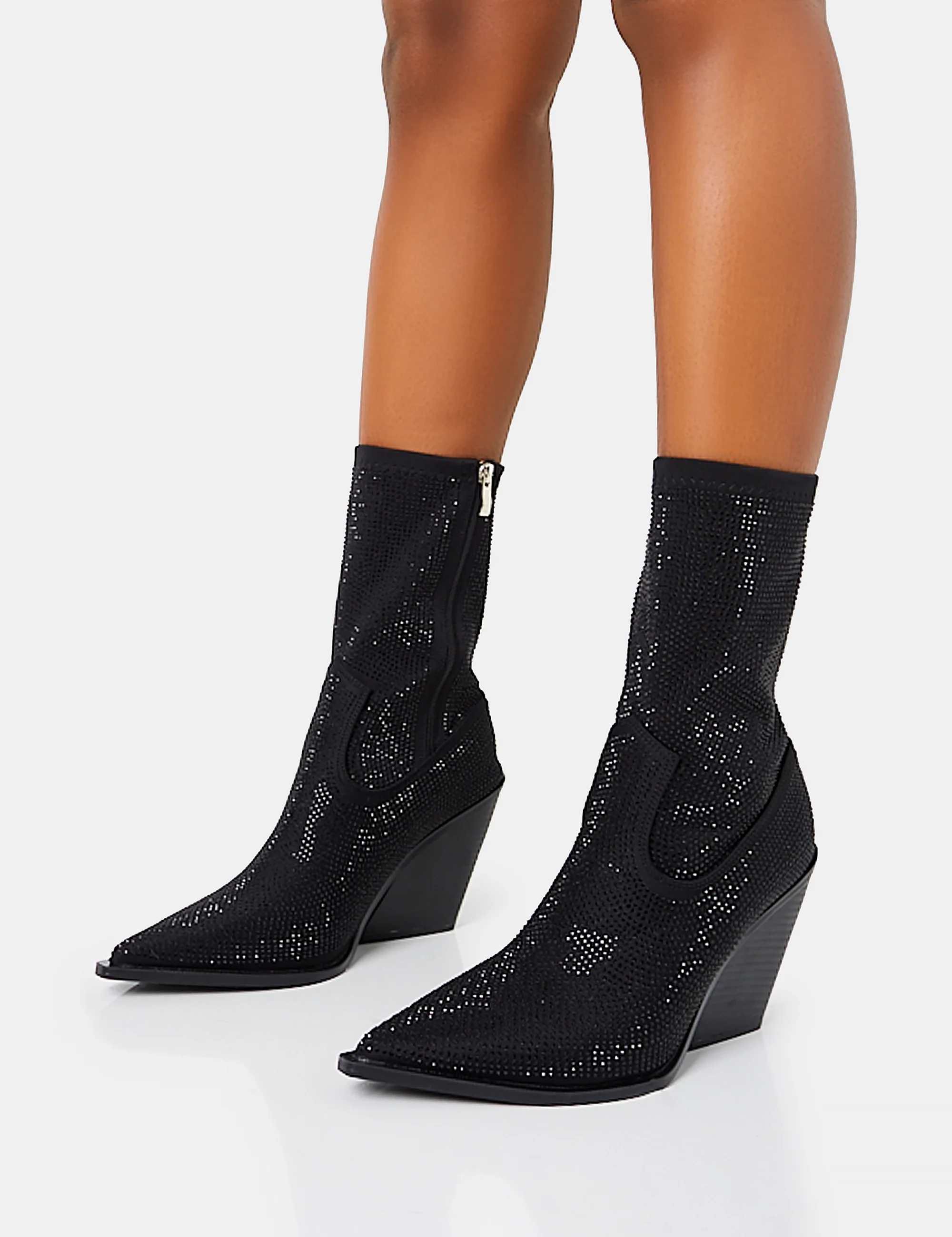 Wild One Black Diamante Western Cowboy Pointed Toe Block Heel Ankle Boots - Image 3