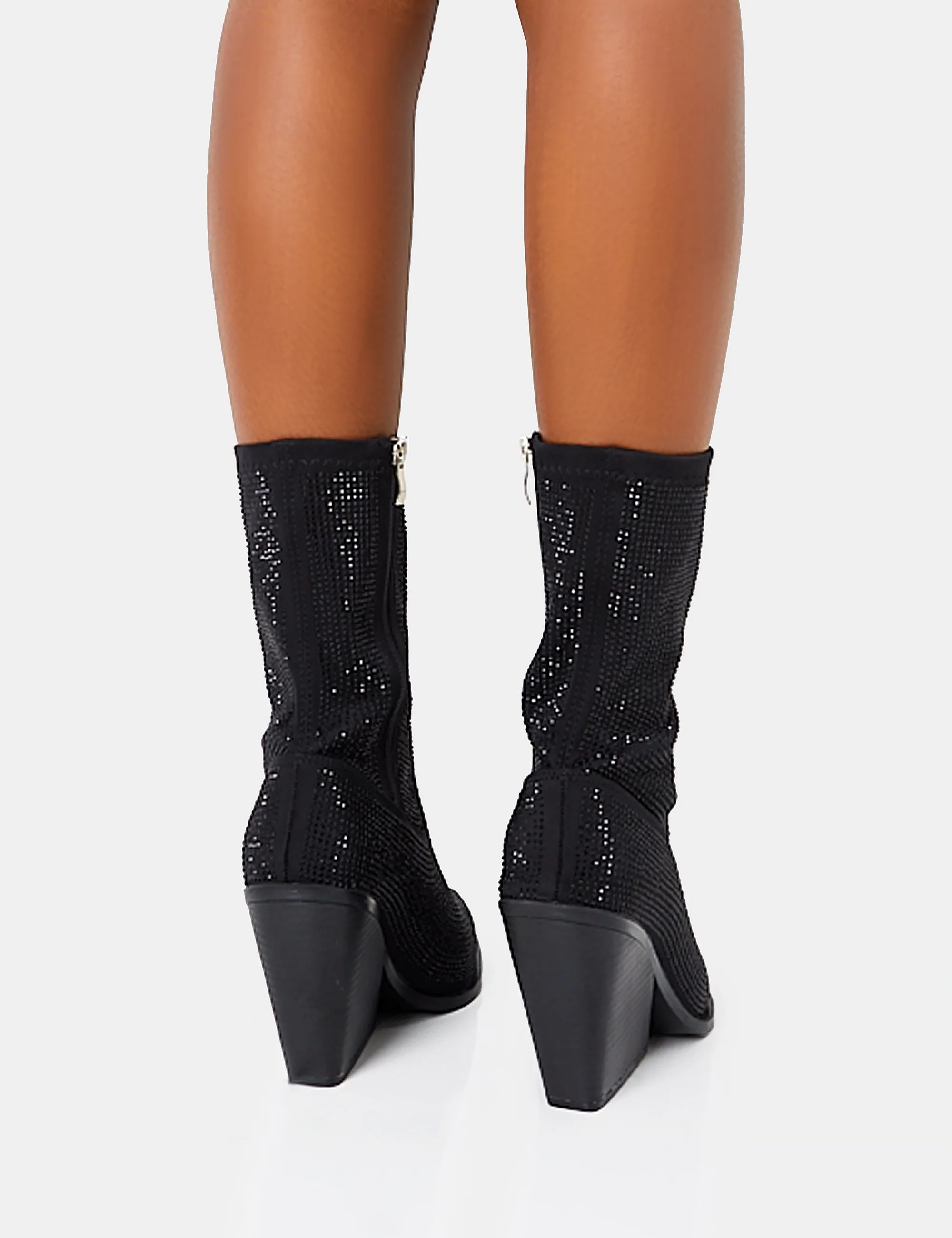 Wild One Black Diamante Western Cowboy Pointed Toe Block Heel Ankle Boots - Image 4