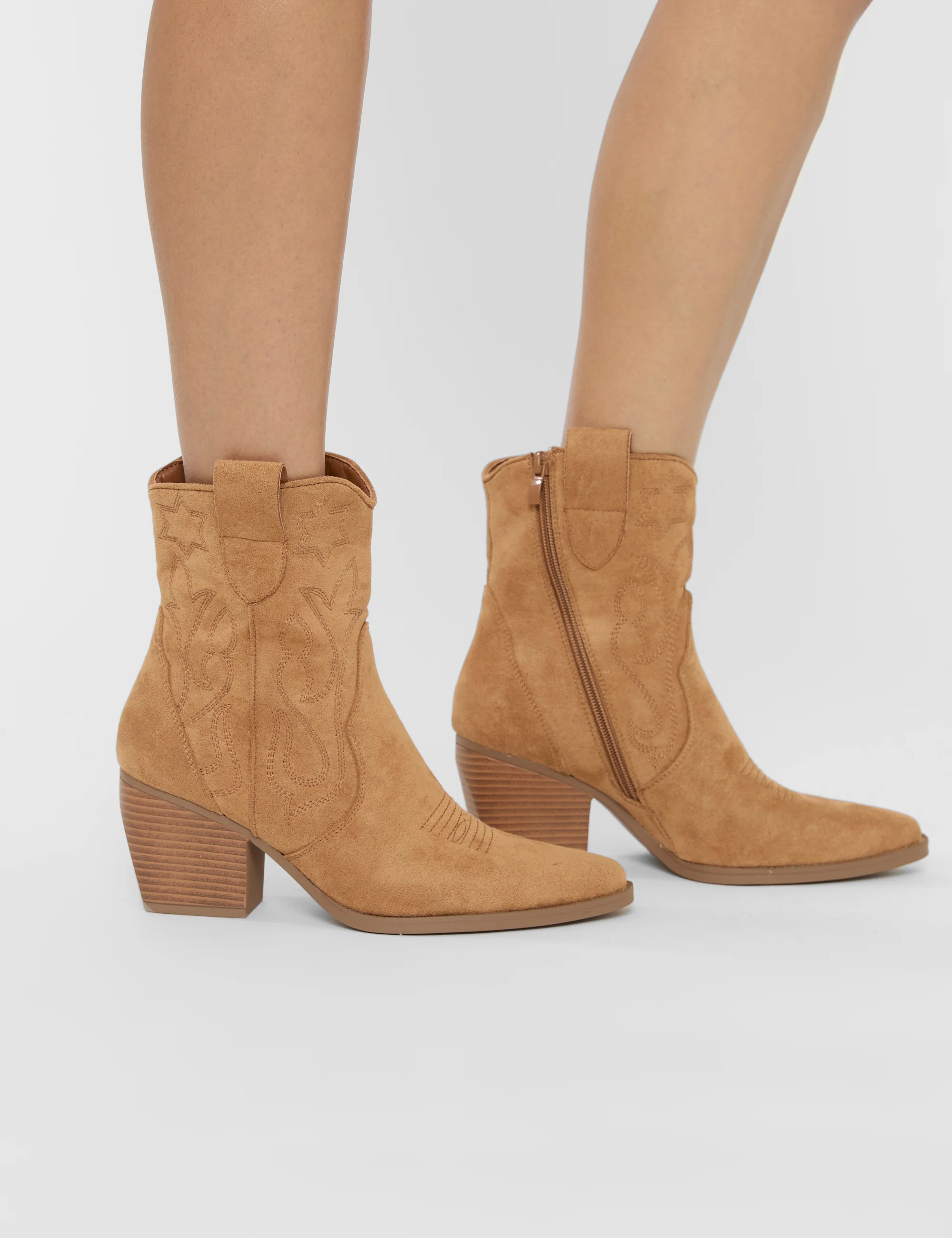 Wild West Tan Suedette Western Cowboy Low Ankle Boots - Image 2