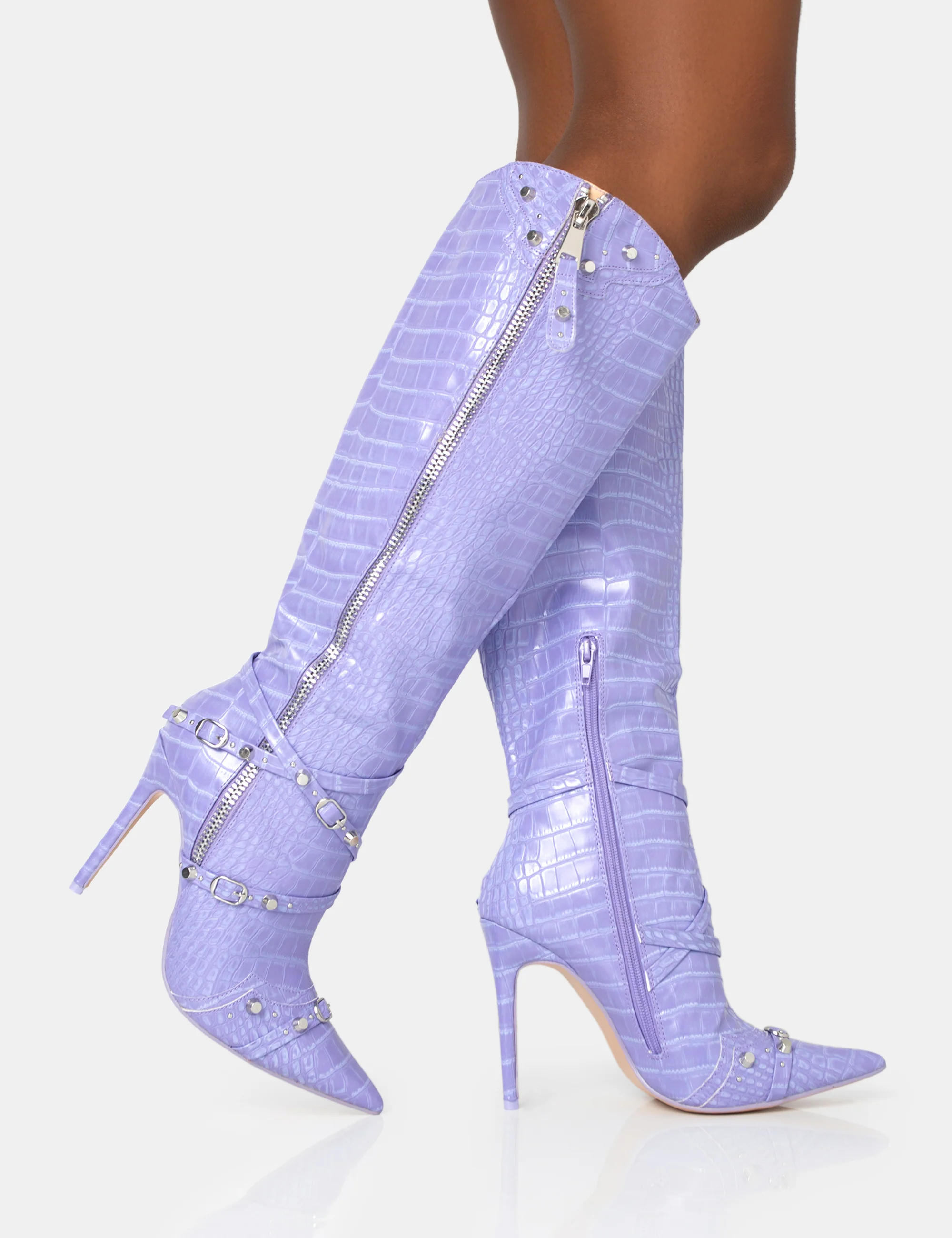 Worthy Lilac Croc Studded Zip Detail Pointed Toe Stiletto Knee High Boots - Image 2