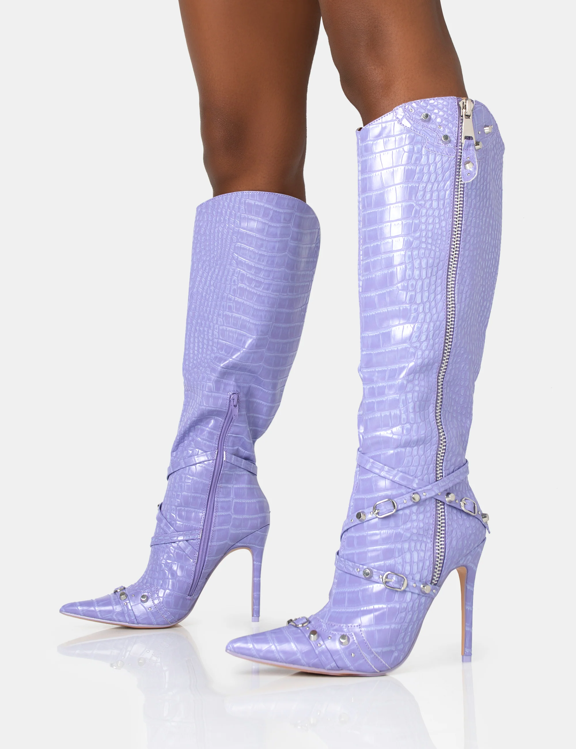 Worthy Lilac Croc Studded Zip Detail Pointed Toe Stiletto Knee High Boots - Image 3