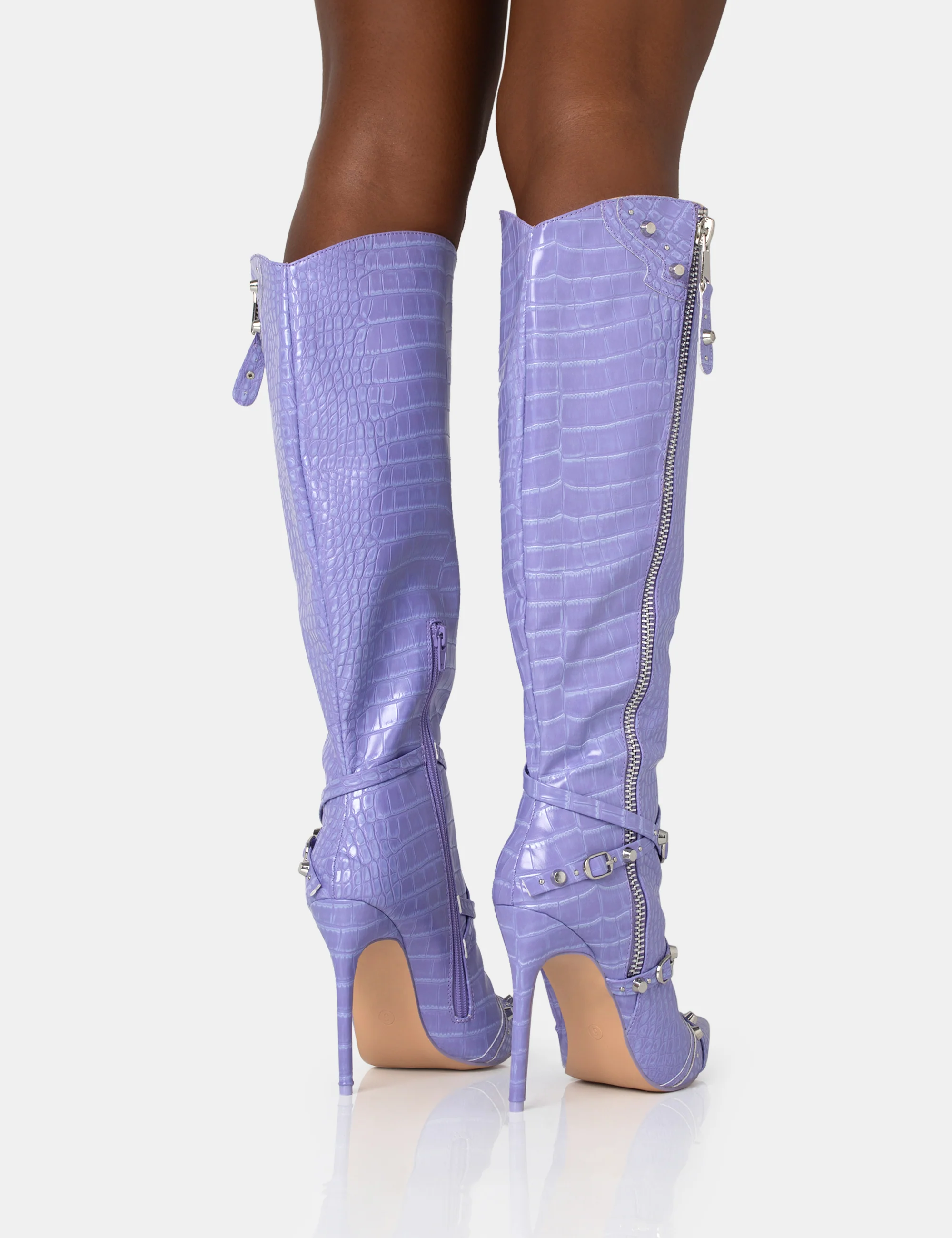 Worthy Lilac Croc Studded Zip Detail Pointed Toe Stiletto Knee High Boots - Image 4