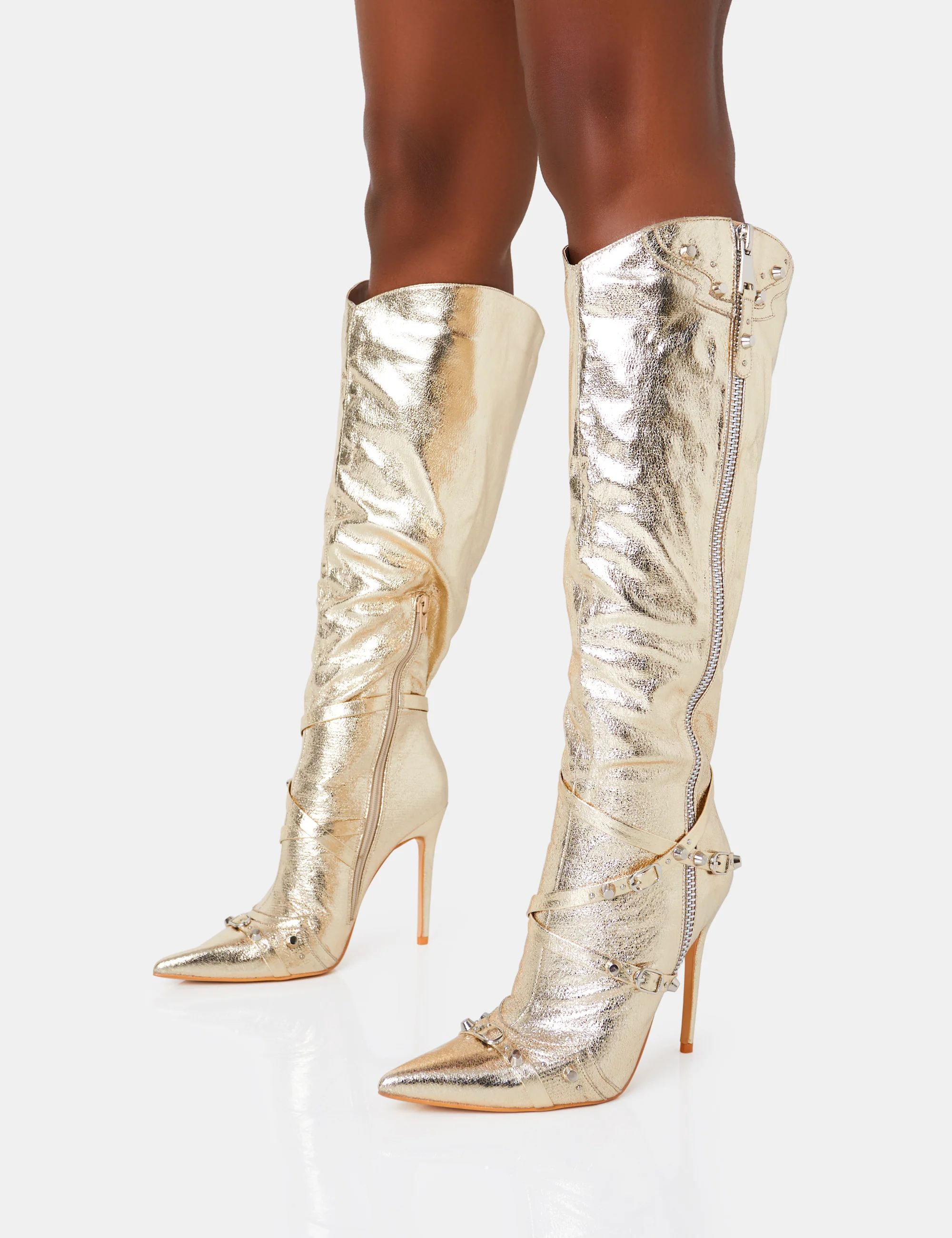 Worthy Metallic Gold Studded Zip Detail Stiletto Knee High Boots - Image 3