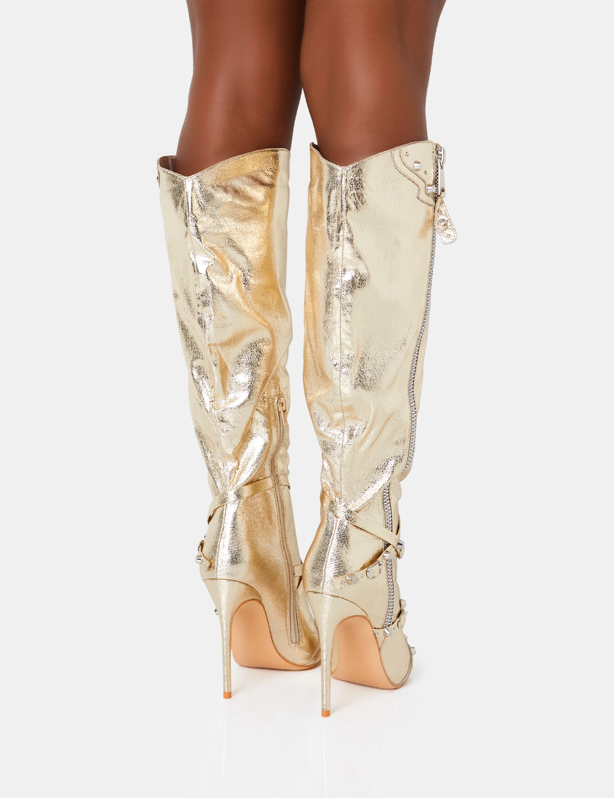 Worthy Metallic Gold Studded Zip Detail Stiletto Knee High Boots - Image 4