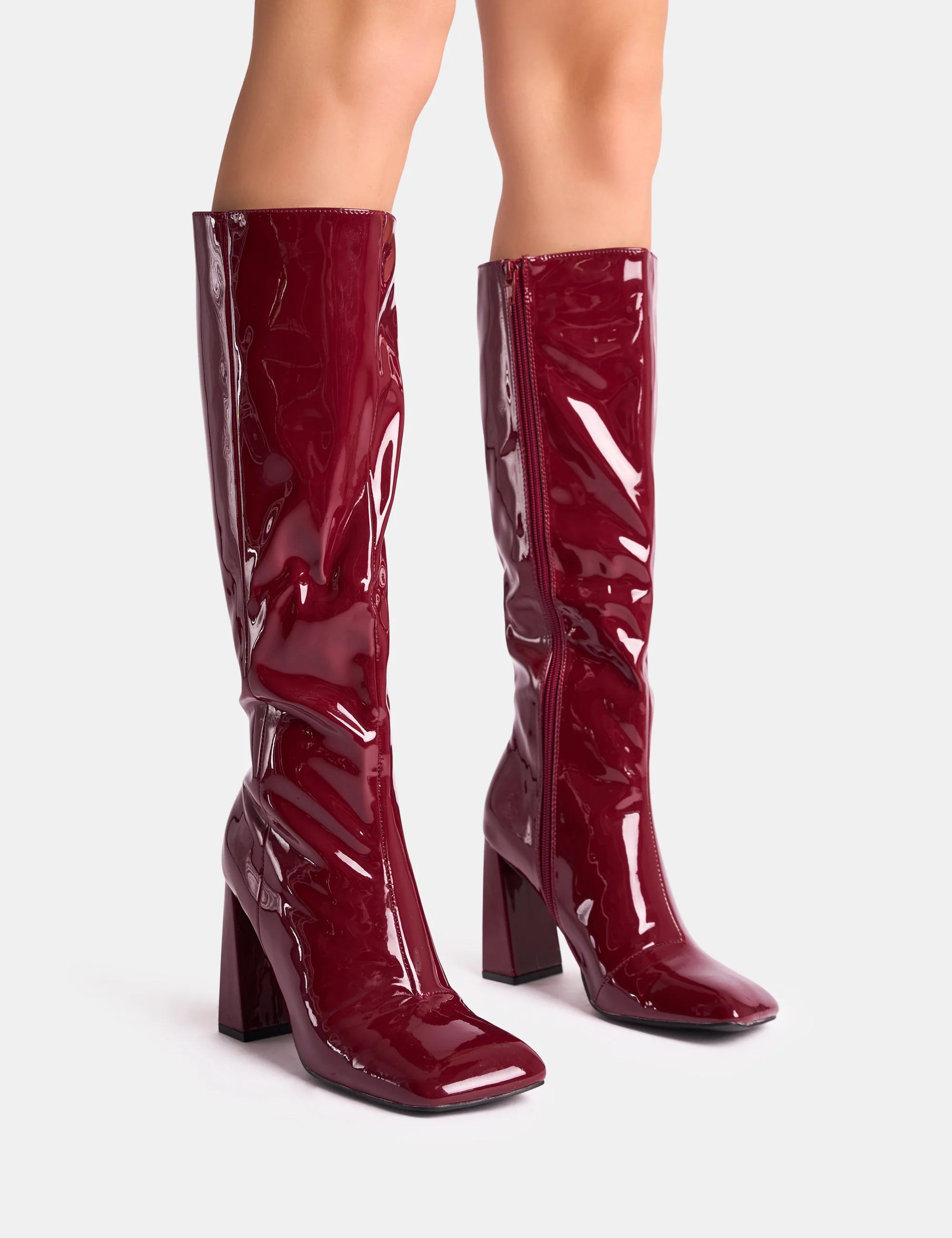 Zoya Burgundy Patent Slant Toe Block Heel Knee High Sock Boots - Image 5