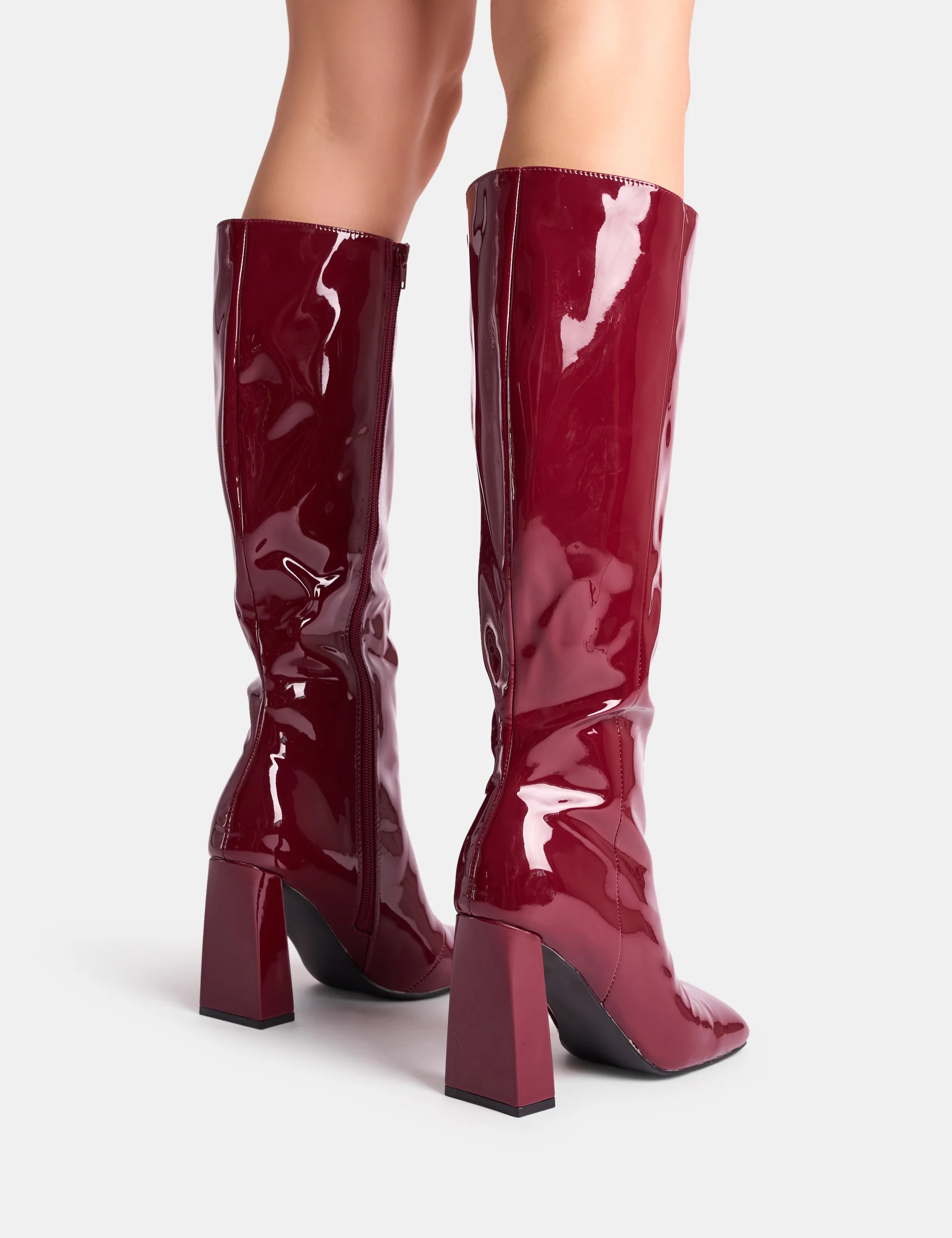 Zoya Burgundy Patent Slant Toe Block Heel Knee High Sock Boots - Image 7