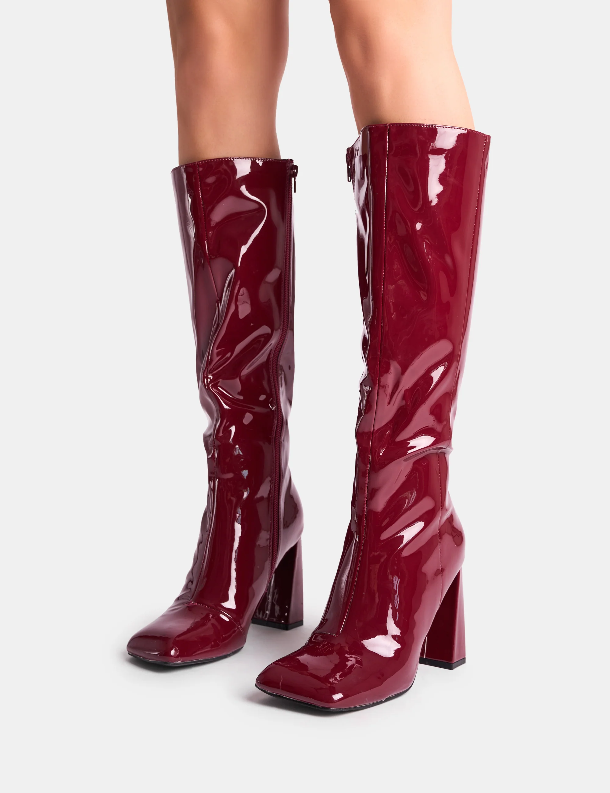 Zoya Burgundy Patent Slant Toe Block Heel Knee High Sock Boots - Image 8